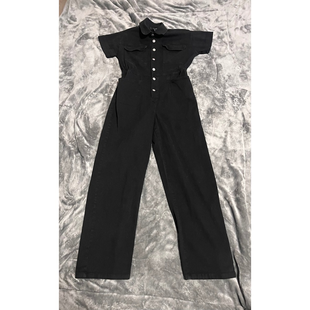 Forever 21 Black Denim Utility Jumpsuit Short Sleeve Wide Leg XS